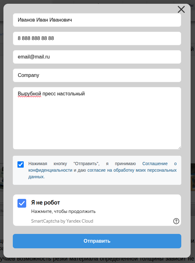 Заполненные поля кнопки «Купить в 1 клик»